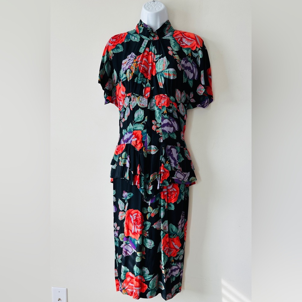 Beautiful Vintage Floral Print Flattering Fit Midi Dress By Karen Alexander Sz 6